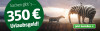 Ein Elefant und ein Zebra stehen in der Landschaft. Werbung für 350 Euro Urlaubsgeld mit dem Text 'Jetzt bestellen' in einer Schaltfläche.