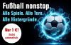 Die Grafik zeigt einen Fußball mit blauen Lichtern. Text: "Alle Spiele. Alle Tore." Abo für nur 1 Euro! Endet automatisch.'